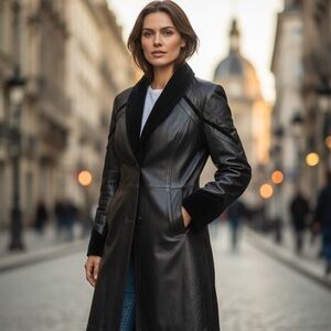 Vintage Worthington Black Leather Long Coat Petite Large